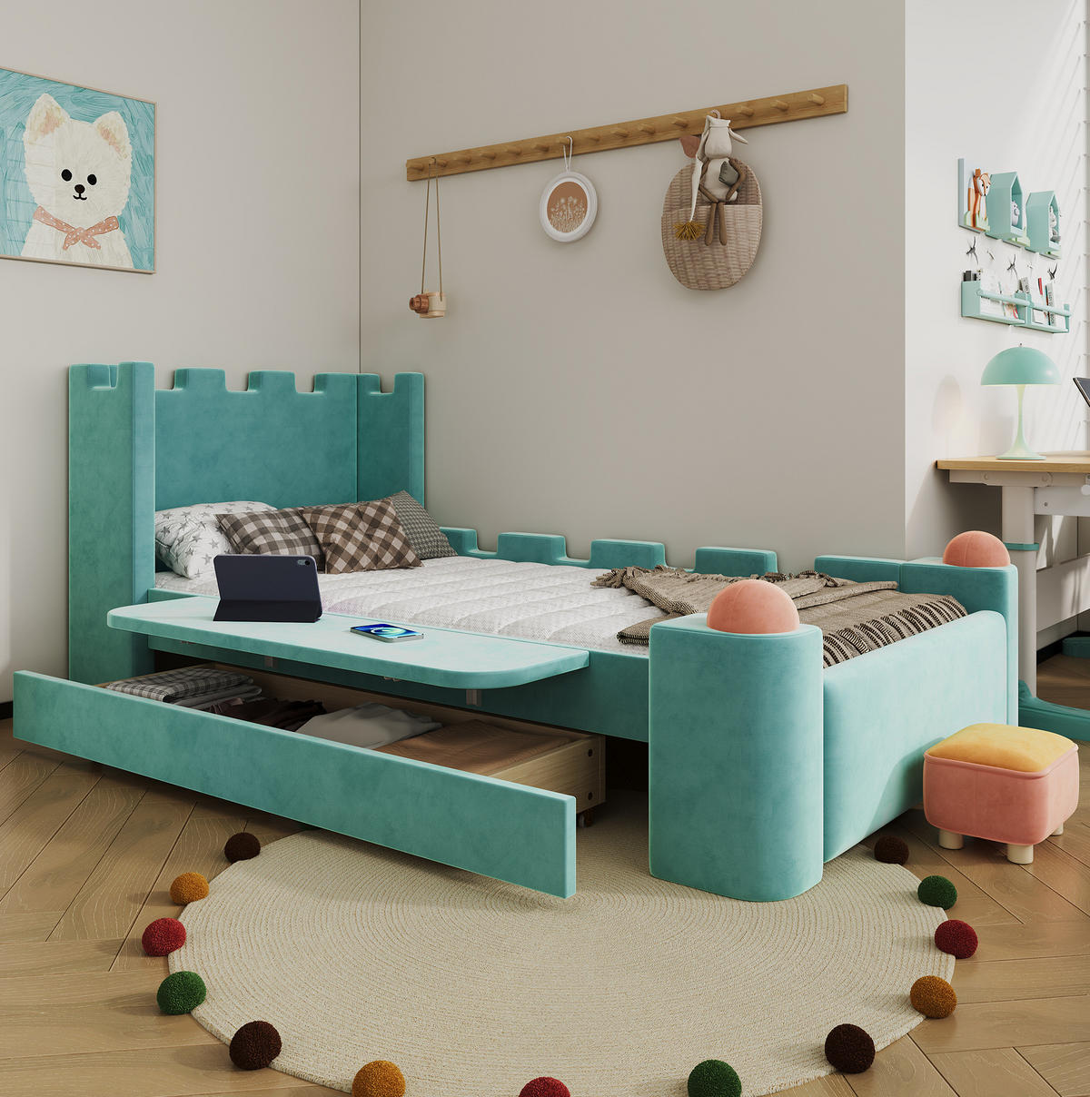 POLSTERBETT Burg-Design 90/200 cm Blaugrün mit Schublade und Klappablage, ohne Matratze - Petrol, Textil (90/200cm) - MIVRAY
