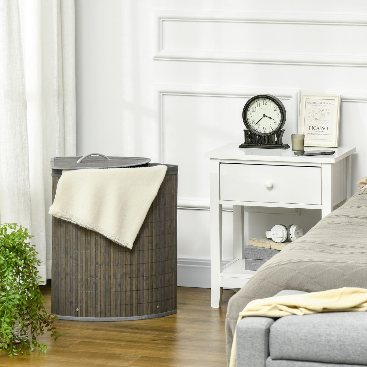 WÄSCHEKORB mit Deckel 55L, Bambus, Grau - Grau, Naturmaterialen (38/57/38cm) - HOMCOM