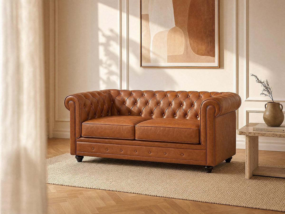 SOFA - 2 Personen - leder - camel Chesterfield - Hellbraun, Leder/Holz (165/72/88cm) - Vente-Unique