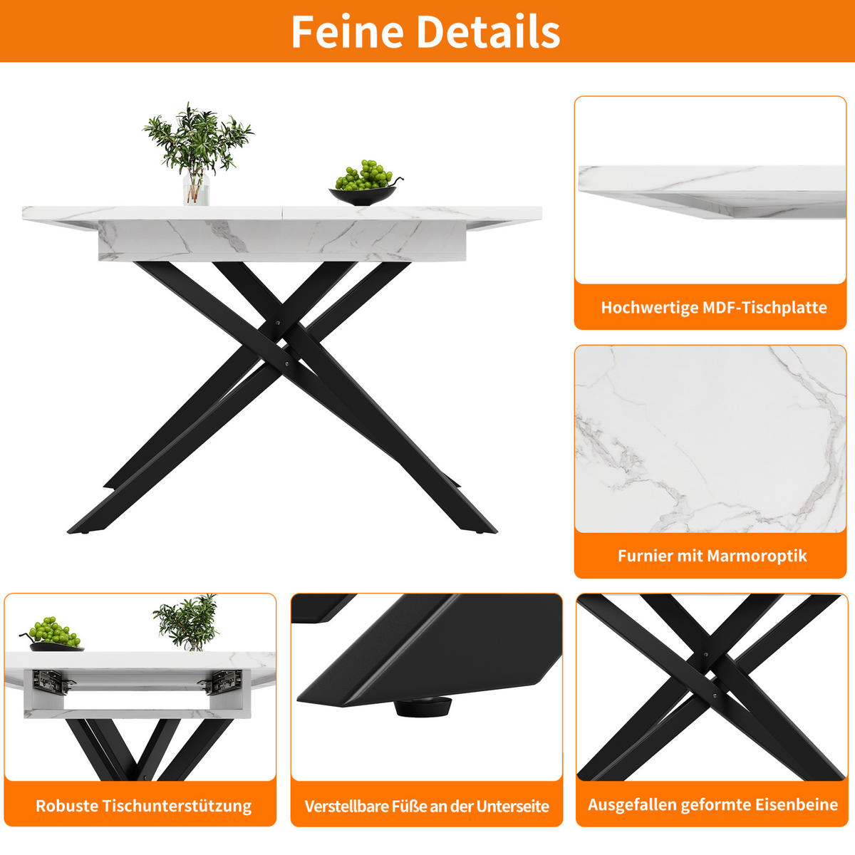 ESSTISCH, MDF in Marmoroptik mit Ausziehfunktion, 120-160/80/76,5 cm, Weiß/Schwarz - Weiß, Holzwerkstoff (120/80/76.5cm) - Redom
