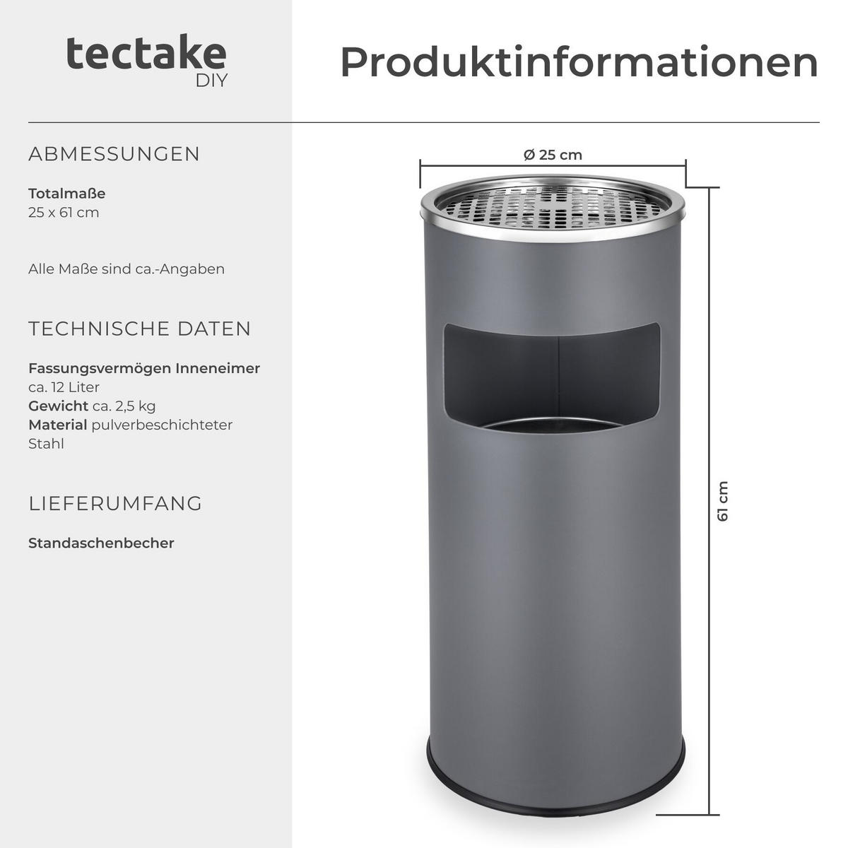 STANDASCHENBECHER , 25 x 61 cm, anthrazit - Anthrazit, Metall (25cm) - tectake