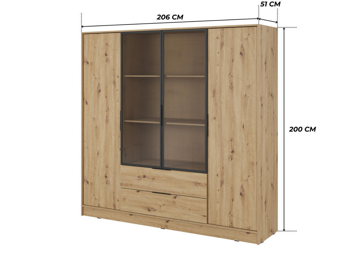 KLEIDERSCHRANK RICADI 4D RM (Artisan Eiche, Riffelglas, 4 Türen, 2 Schubladen, Kunststoffgriffe) - Schwarz/Eiche Artisan, Holz/Holzwerkstoff (206/200/51cm) - Ravio