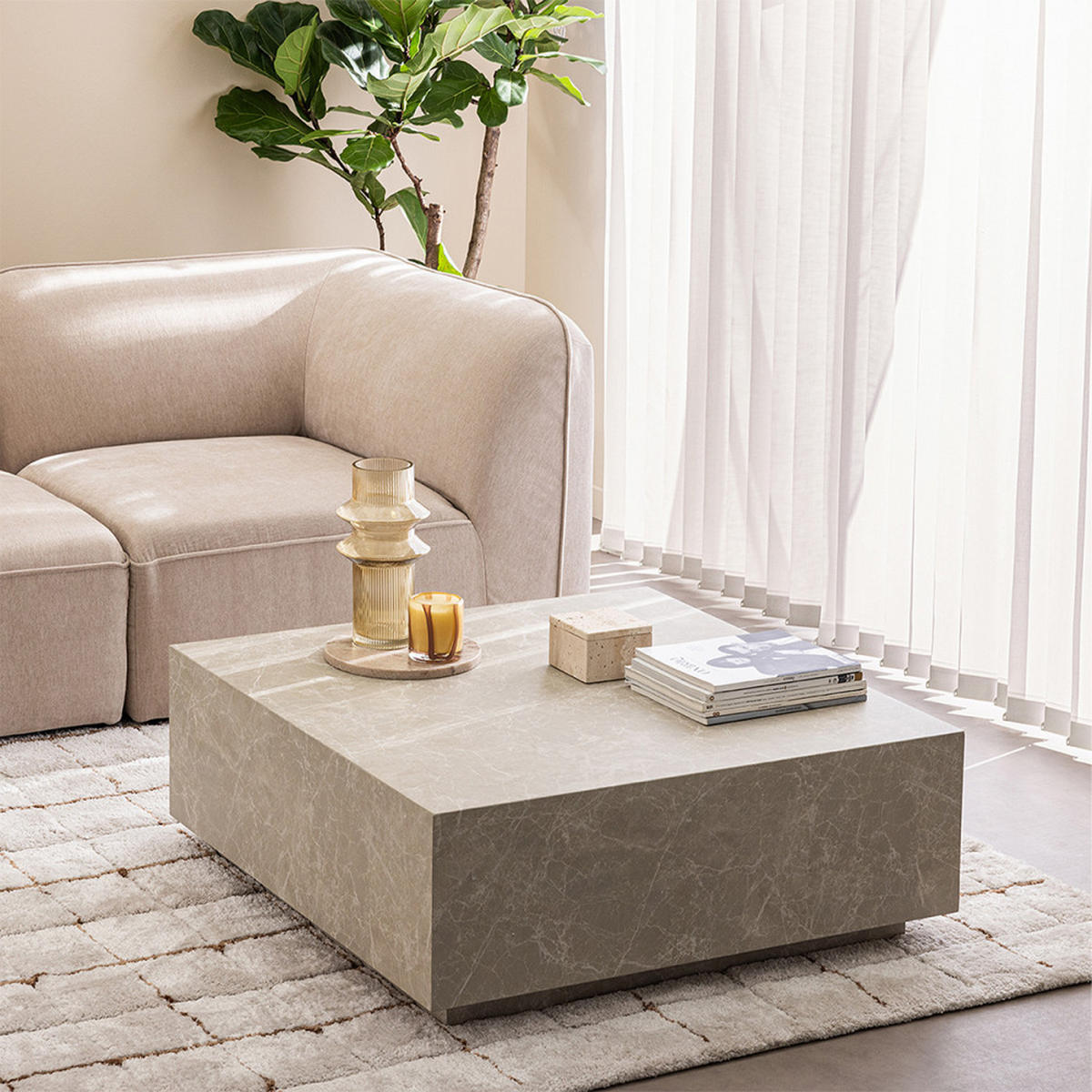 COUCHTISCH - Marmor - Beige - Einzelstück - Beige, Stein (90/90/35cm) - Drawer