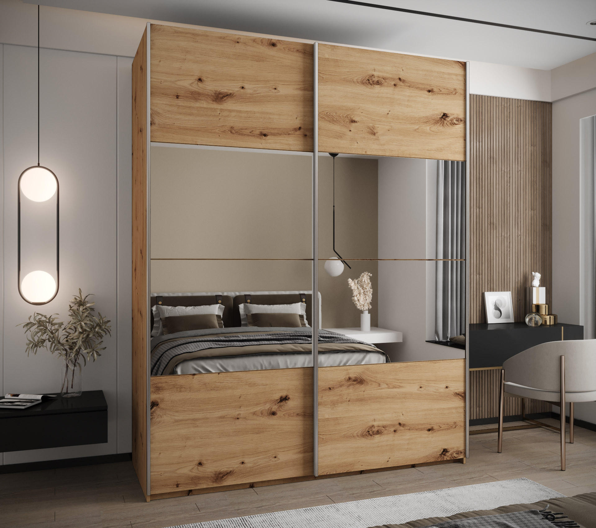 SCHWEBETÜRENSCHRANK 245,5/200/64 2-türig - Silberfarben/Eiche Artisan, Holz/Metall (200/245/64cm) - Abiks Möbel