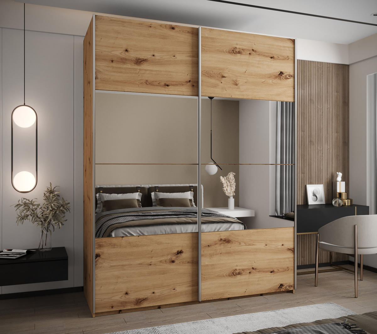 SCHWEBETÜRENSCHRANK 245,5/200/64 2-türig - Silberfarben/Eiche Artisan, Holz/Metall (200/245/64cm) - Abiks Möbel