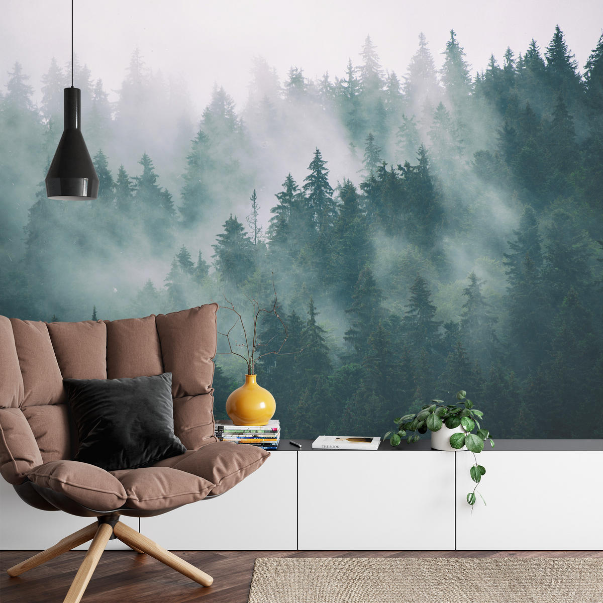 FOTOTAPETE Wald im Nebel Landschaft Natur 3D 400x280 - Türkis/Grau, Papier (400/280cm) - Muralo