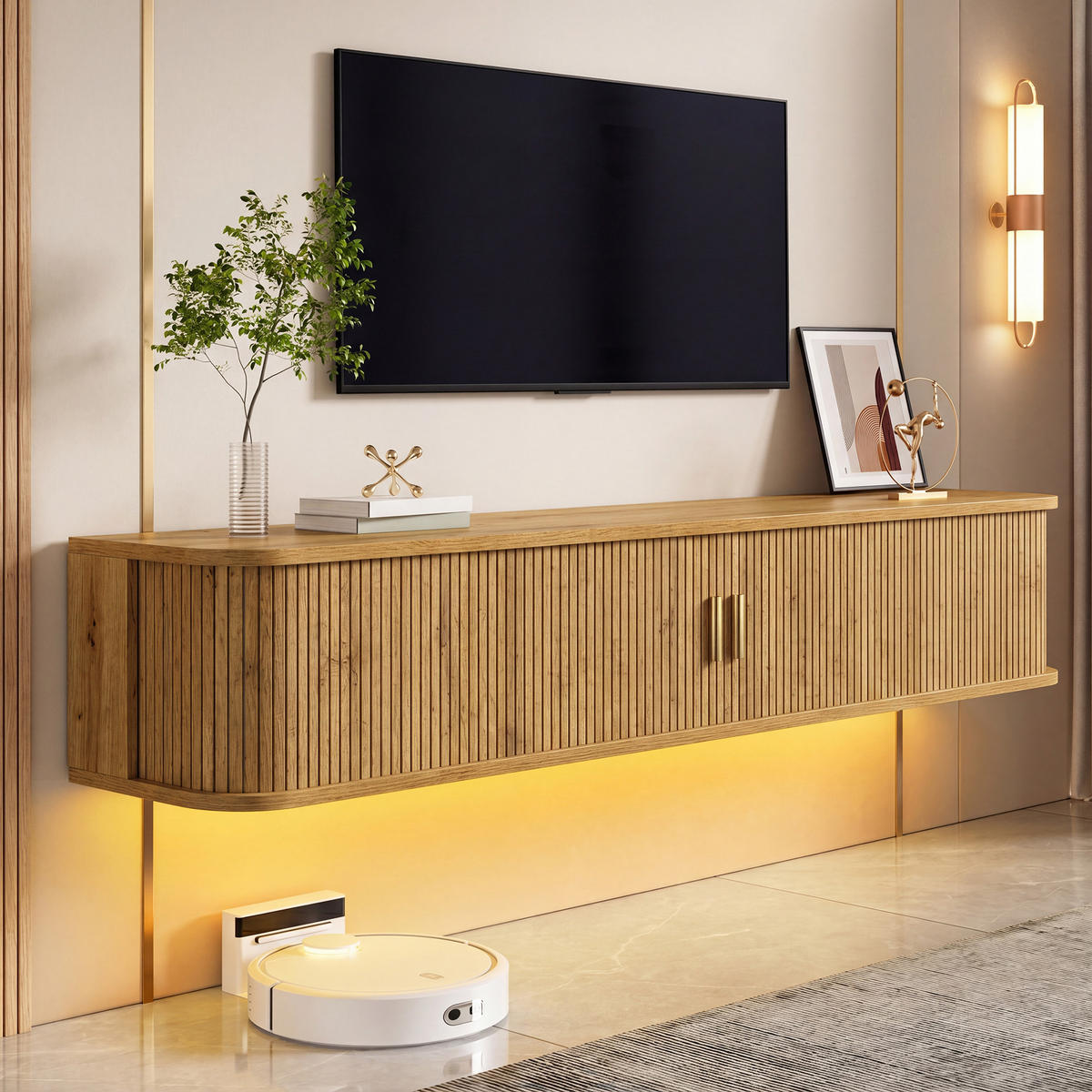 TV-BOARD Wandhängend MDF LED Rillenoptik Wohnzimmer - Naturfarben, Holzwerkstoff (175/30/30cm) - FLIEKS