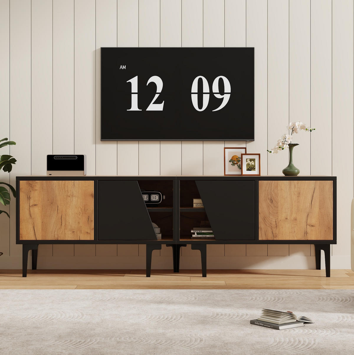TV-LOWBOARD aus Spanplatte 160x36,5x45 cm Naturholz/Schwarz mit 4 Fächern - Hellbraun, Holzwerkstoff (160/45/36.5cm) - IVMEU