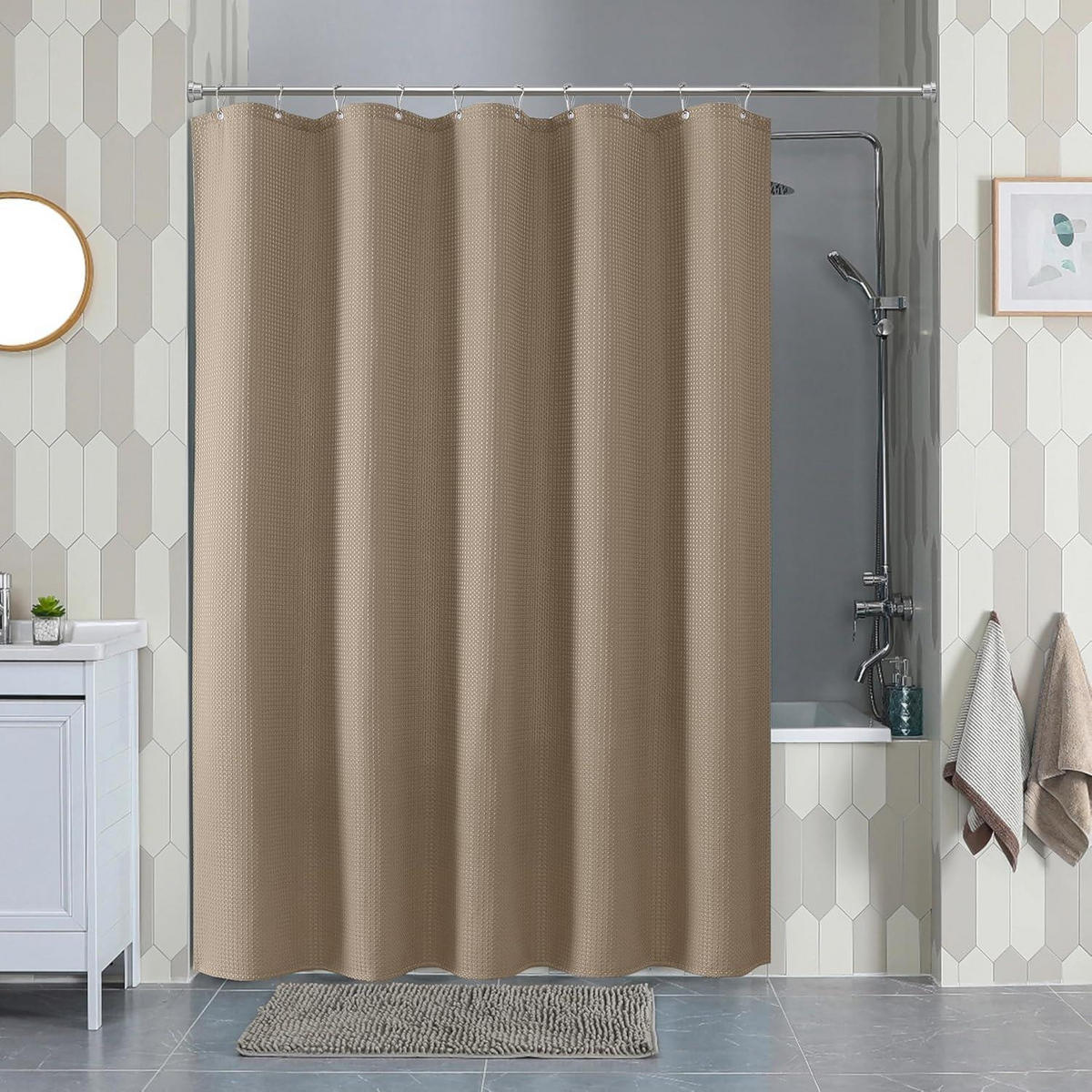 DUSCHVORHANG Waffelstoff Khaki 152 x 214 cm - Olivgrün, Textil (152/214cm)