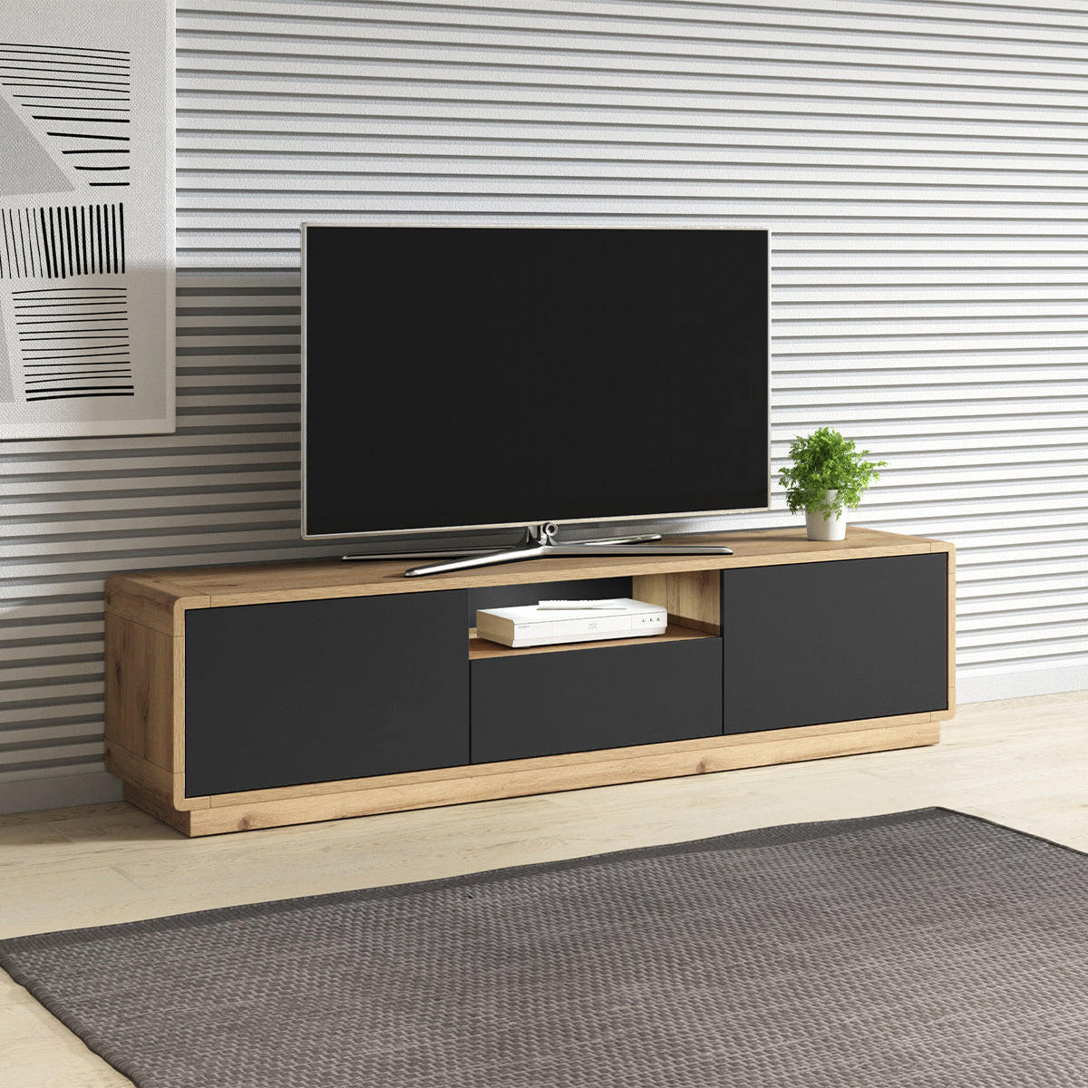 TV-MÖBEL Raven Mattschwarz und Holz - Schwarz, Holzwerkstoff (180/45/40cm) - Petits-meubles