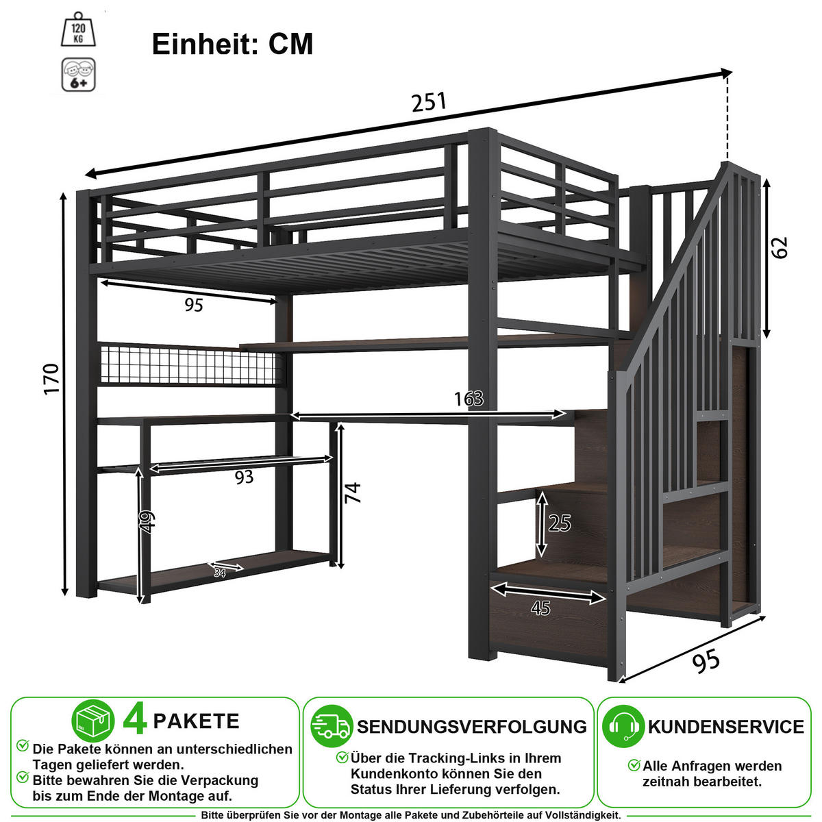 HOCHBETT 90/200 cm in Schwarz mit LED, Schreibtisch, Kleiderschrank und Stauraum - Schwarz, Holzwerkstoff/Metall (90/200cm) - CHICFURN