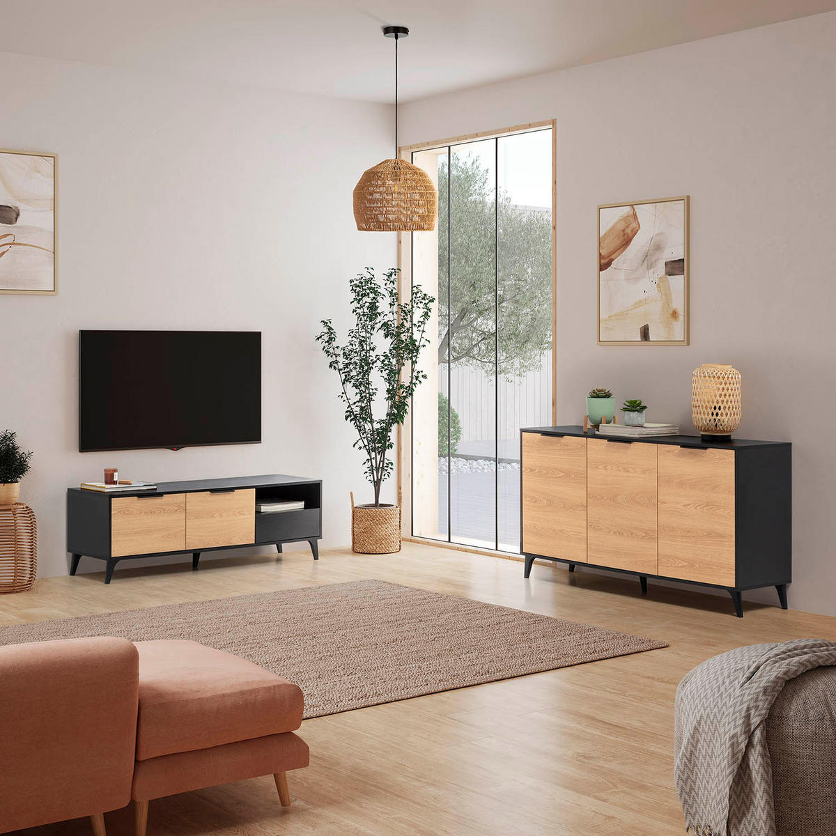 TV-ELEMENT Kalma 2 Türen 1 Schublade - Schwarz, Holzwerkstoff (136/45/40cm) - VS Venta-stock