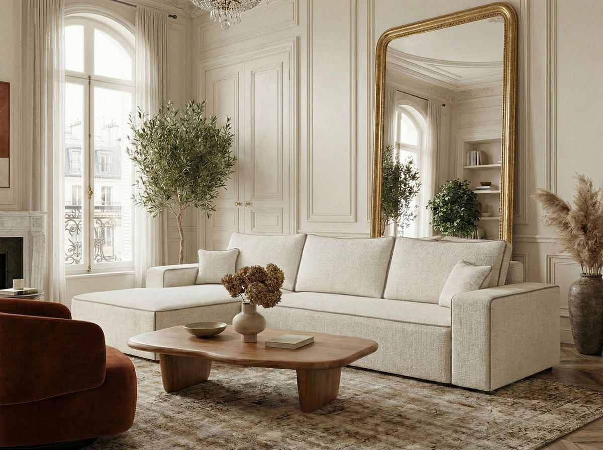 ECKSOFA MIT SCHLAFFUNKTION Modo Ecru-Beige Chenille-Stoff - Links Seite - Ecru/Beige, Holz/Holzwerkstoff (185/294cm) - Maison de Reve