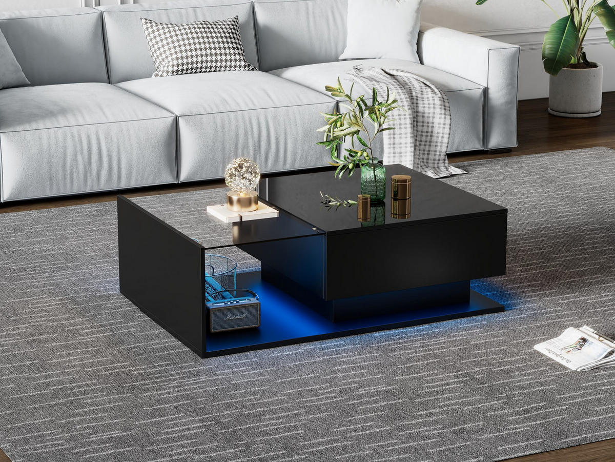 COUCHTISCH 100/50/32 cm in Schwarz mit Glas, Schublade und LED-Beleuchtung - Schwarz, Holzwerkstoff (100/50/32cm) - Flora Grace