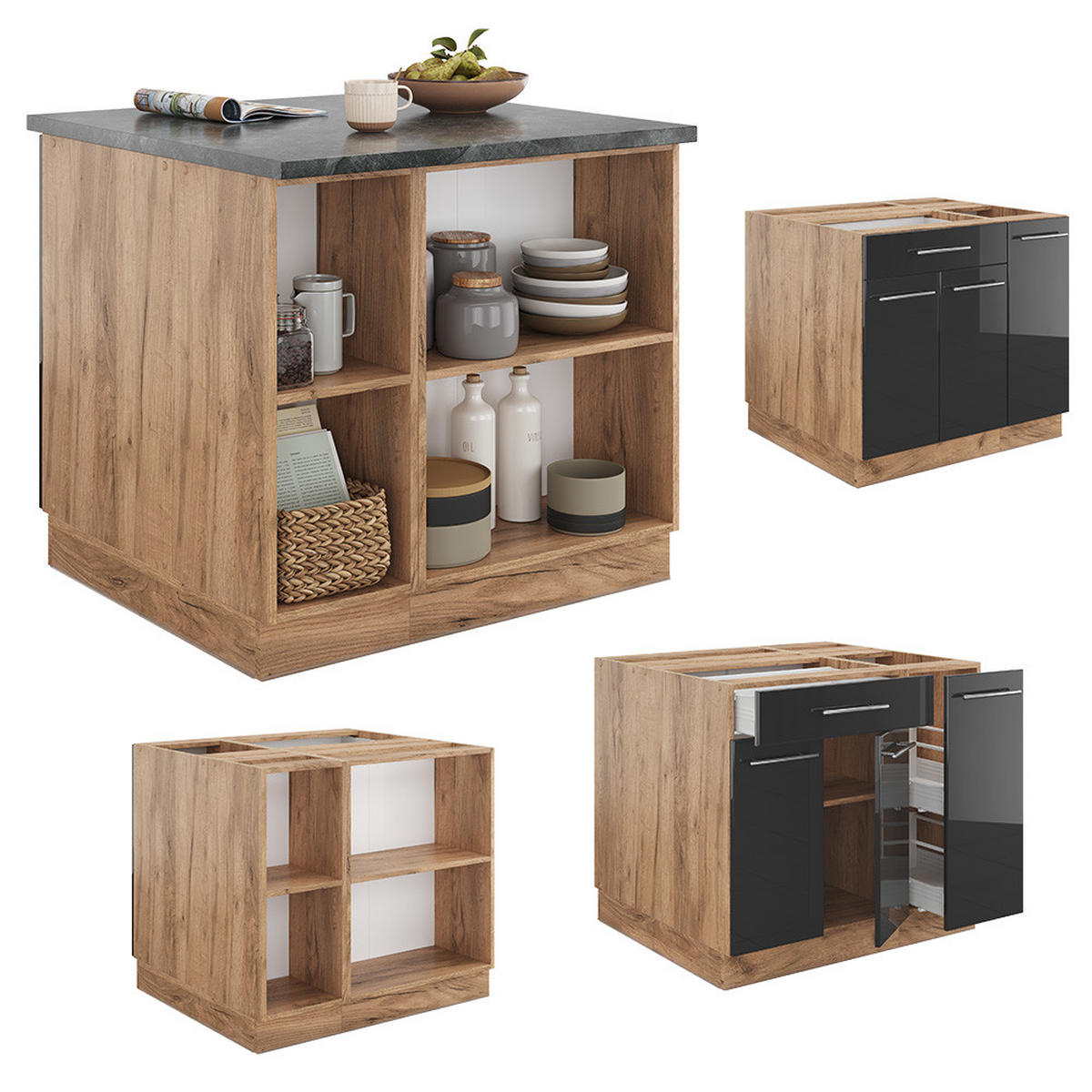 KÜCHENINSEL Fame-Line Anthrazit Hochglanz/Goldkraft Eiche 90 cm ohne AP - Honigeiche/Anthrazit, Holzwerkstoff (90/82/60cm) - Vicco