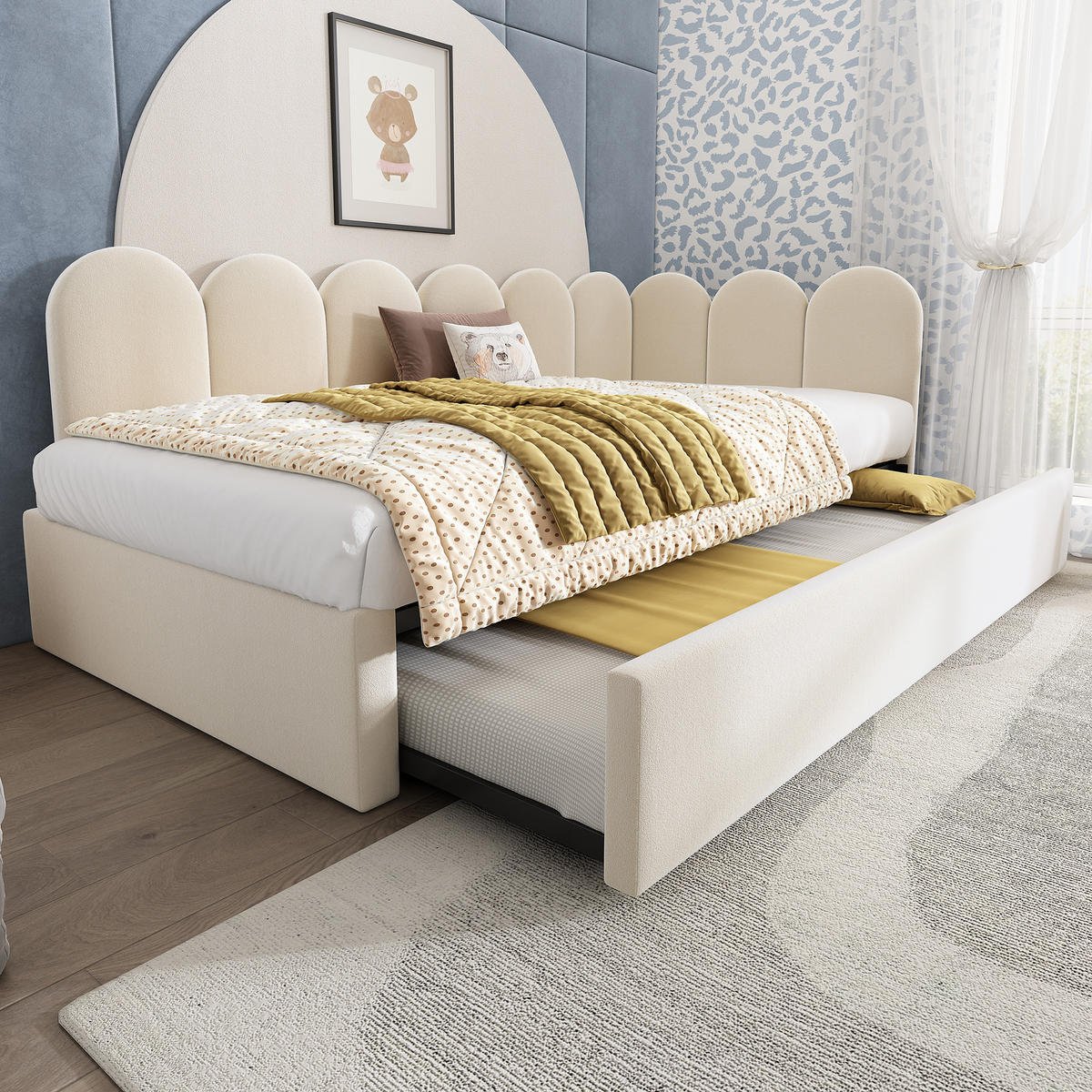 TAGESBETT mit Ausziehbett 90/200 cm aus Samt Beige mit kinderfreundlichem Gitter-Design - Beige, Textil (90/200cm) - OKWISH