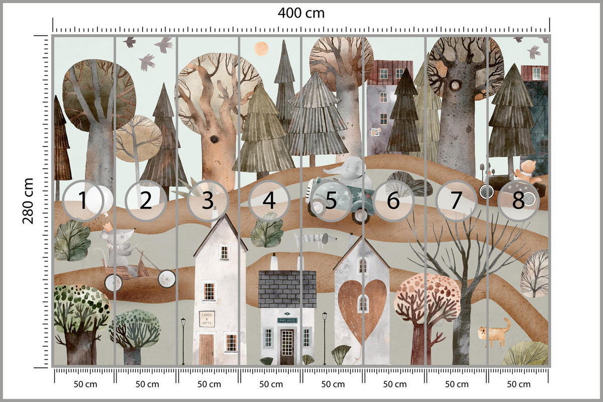 FOTOTAPETE für Kinderzimmer Fantastische Stadt Häuser Wald Tiere Autos 400x280 - Beige/Braun, Papier (400/280cm) - Muralo