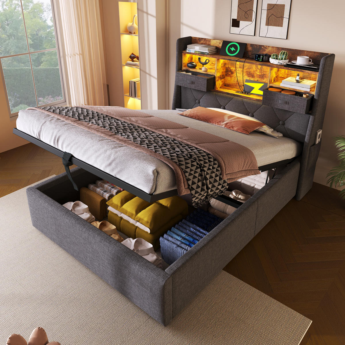 STAURAUMBETT 90/200 cm DE-00566, in Grau, hydraulischem Stauraum - Grau, Holz (90/200cm) - ComfortXL