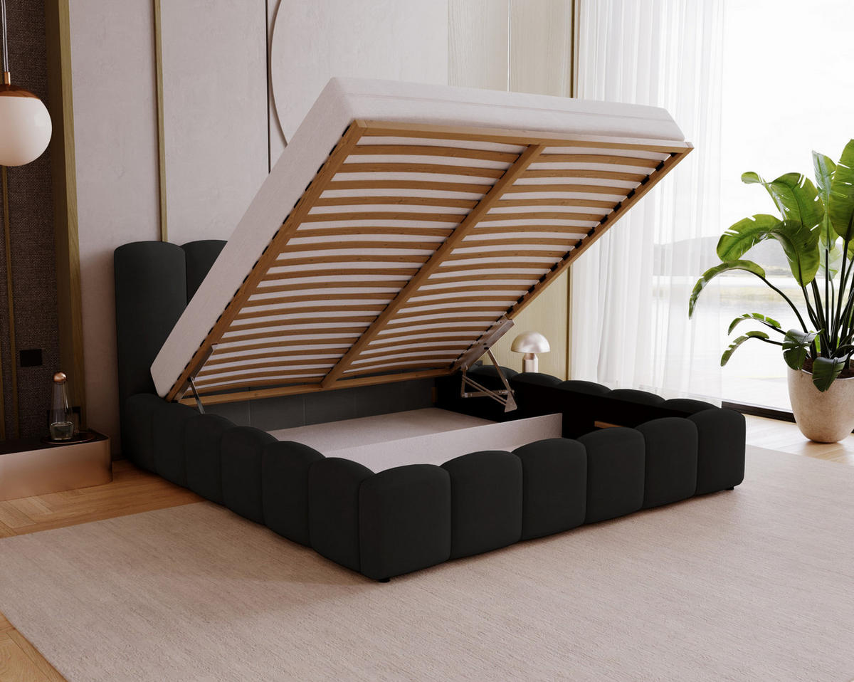 POLSTERBETT 140x200 cm Florent, Bettkasten, Samt, Schwarz - Schwarz, Holz/Textil (140/200cm) - Emporius