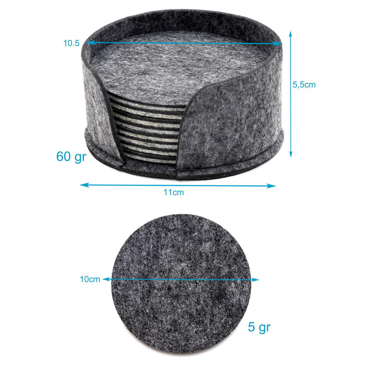 UNTERSETZER SET mit Filzhalterung (8-tlg.) - Grau, Textil (11/14.5cm) - Intirilife