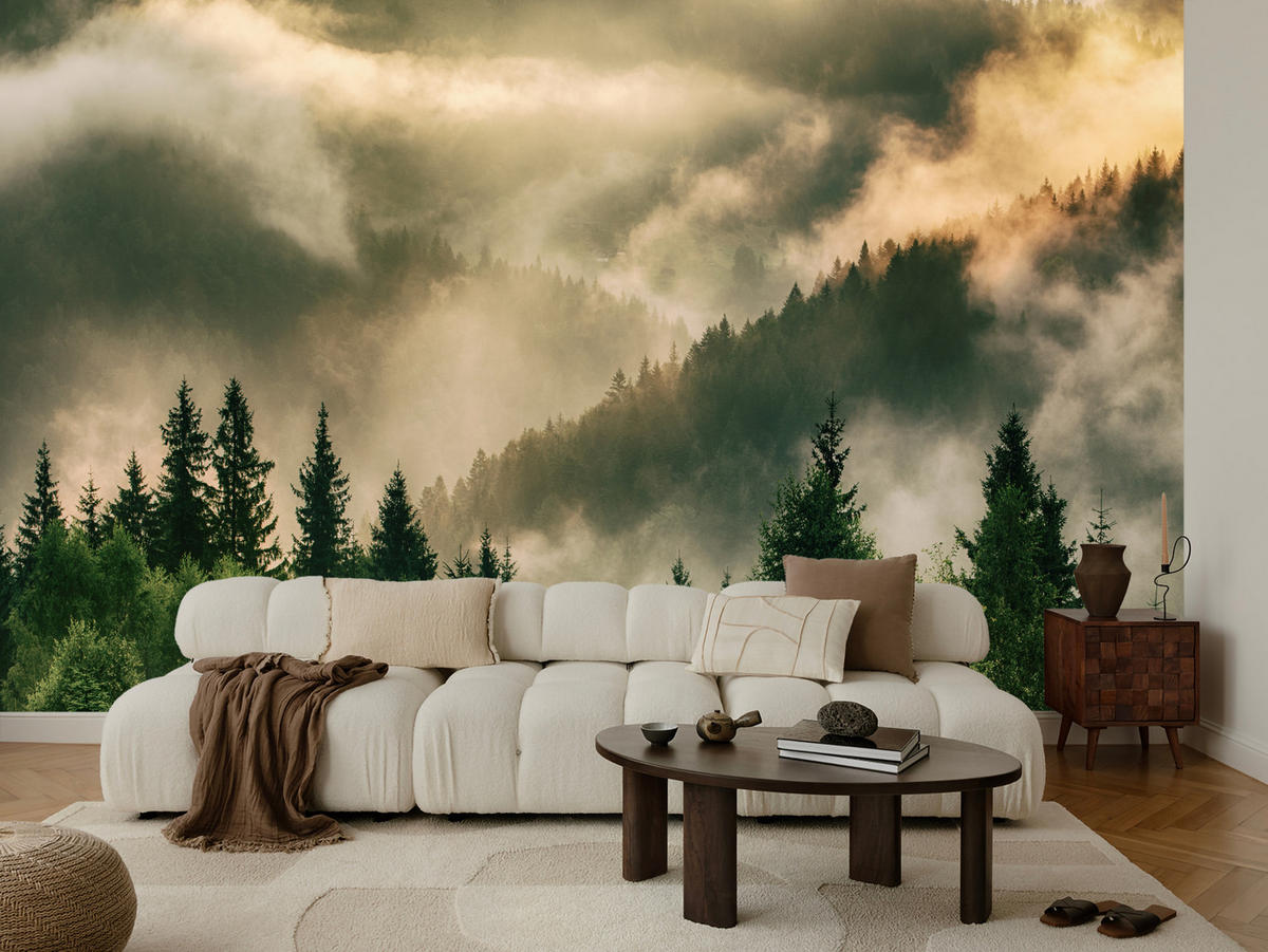 FOTOTAPETE für Wohnzimmer Neblige Landschaft Bergwald Nadelbäume 400x280 - Gelb/Orange, Papier (400/280cm) - Muralo