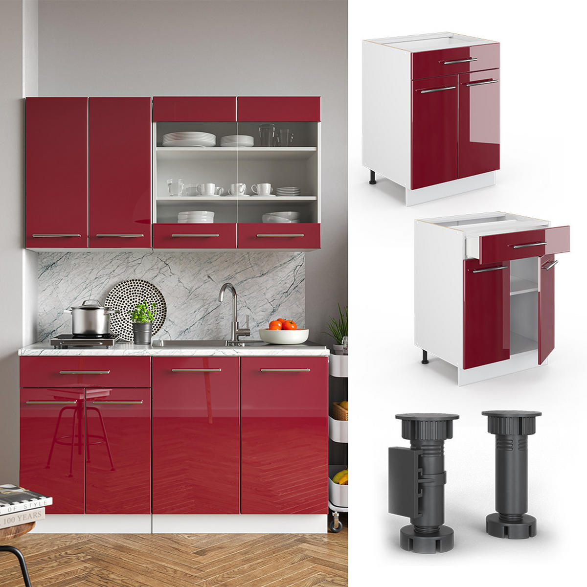KÜCHENUNTERSCHRANK Fame-Line Bordeaux Hochglanz 60 cm mit Schublade AP Marmor - Bordeaux/Weiß, Holzwerkstoff (60/82/60cm) - Vicco