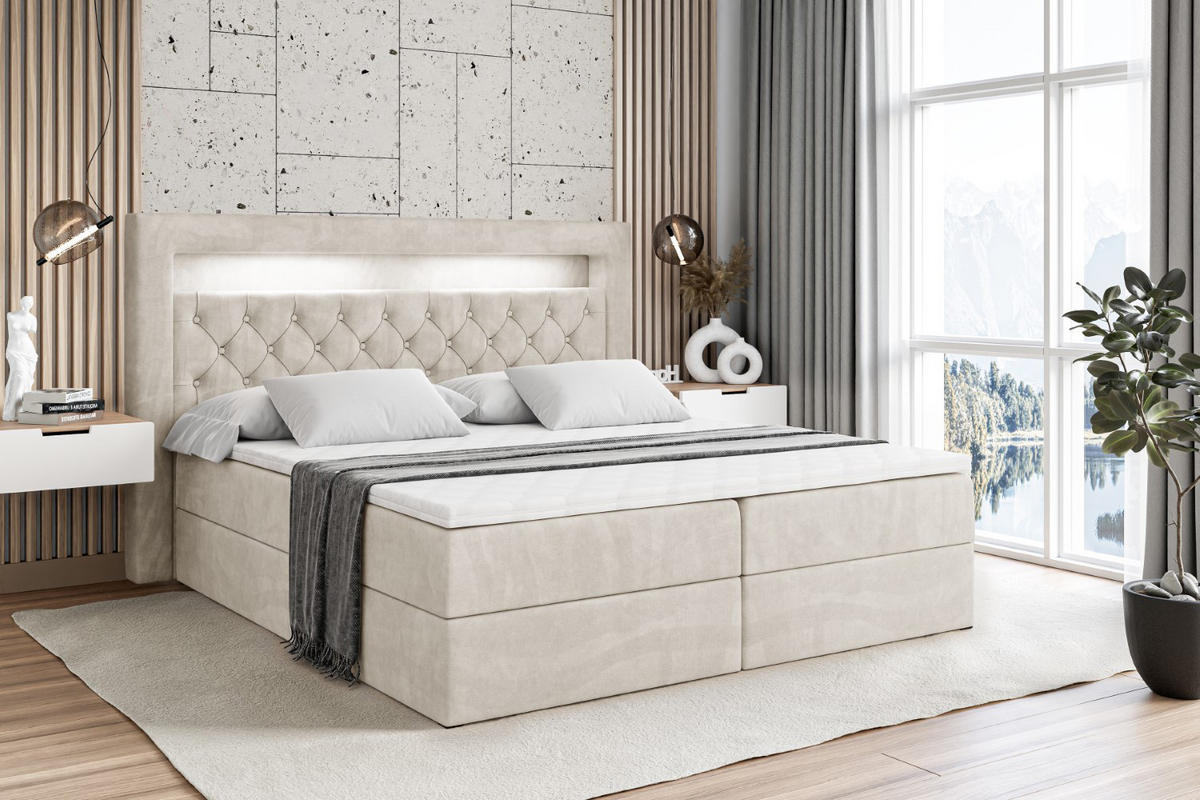BOXBETT LED mit H3-Matratze und Lattenrost - NOEL GOLD - 140x200 Ecru - Ecru, Holzwerkstoff (140/200cm) - ALTDECOR