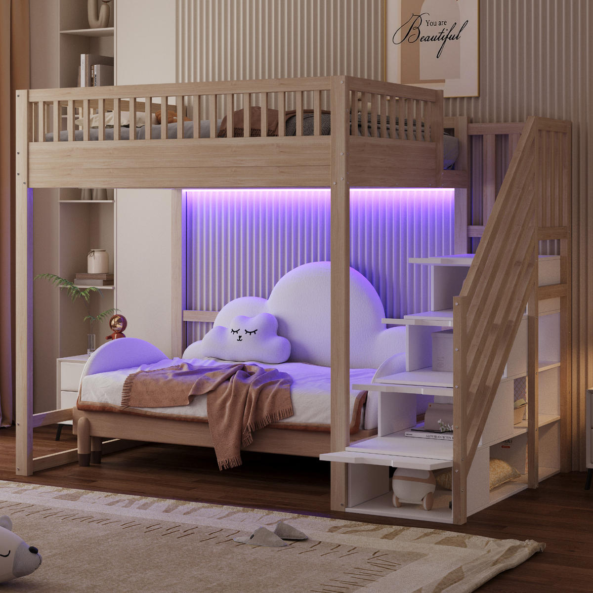 HOCHBETT 140/200 cm in Natur mit Stauraumtreppe und LED - Naturfarben, Holz/Holzwerkstoff (140/200cm) - STILVORA
