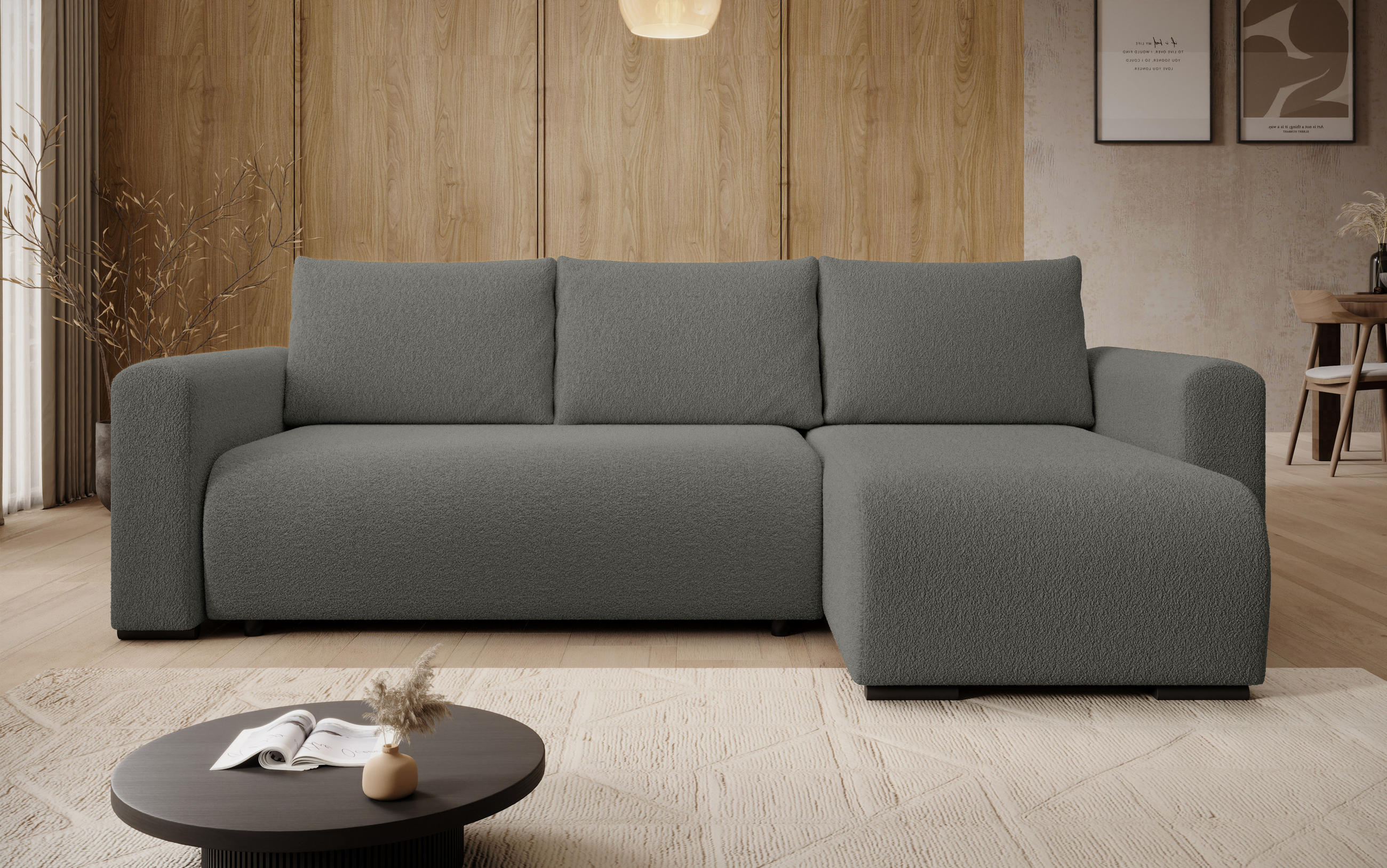 ECKSOFA DORA L, Eckcouch in L-Form mit Schlaffunktion und Bettkasten, Farbe: Dunkelgrau, Bouclé-Stoff, Ottomane Rechts - Dunkelgrau, Textil (240/143cm) - Storez24