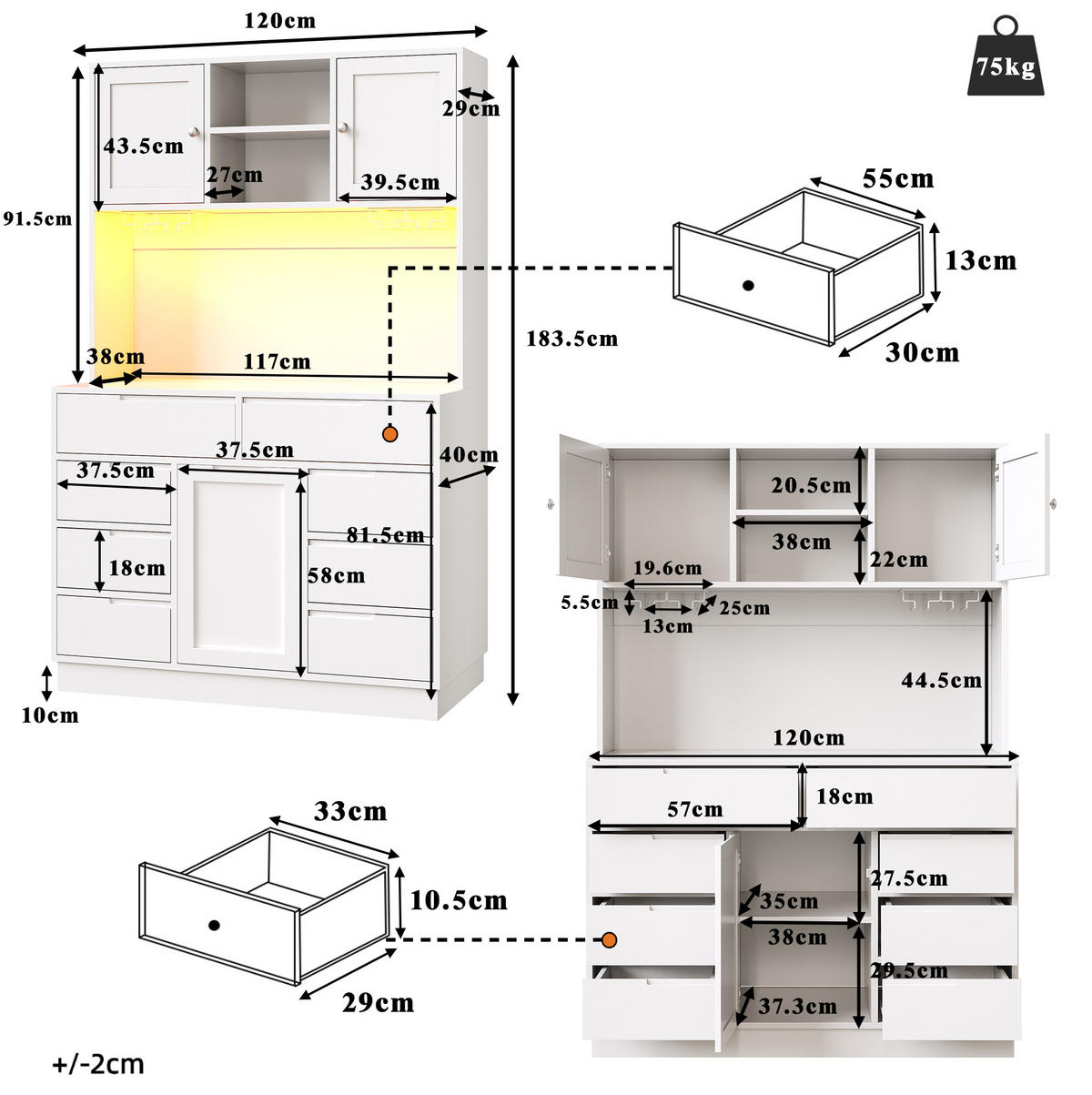 BUFFET 120/183,5/40 cm Weiß aus MDF mit Lichtleiste - Weiß, Holzwerkstoff (40/183.5/120cm) - OKMYHOME