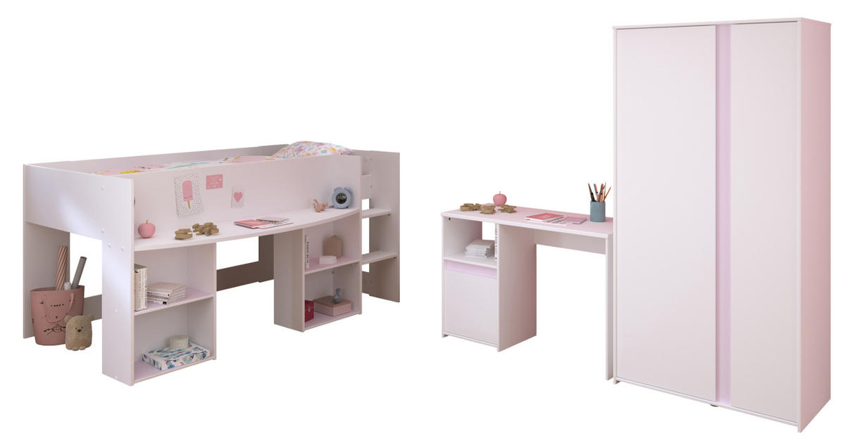 KINDERZIMMER Set 3-tlg. Kleiderschrank Schreibtisch Hochbett 90x200 - Weiß, Holz/Holzwerkstoff (90/182/200cm) - Parisot Meuble