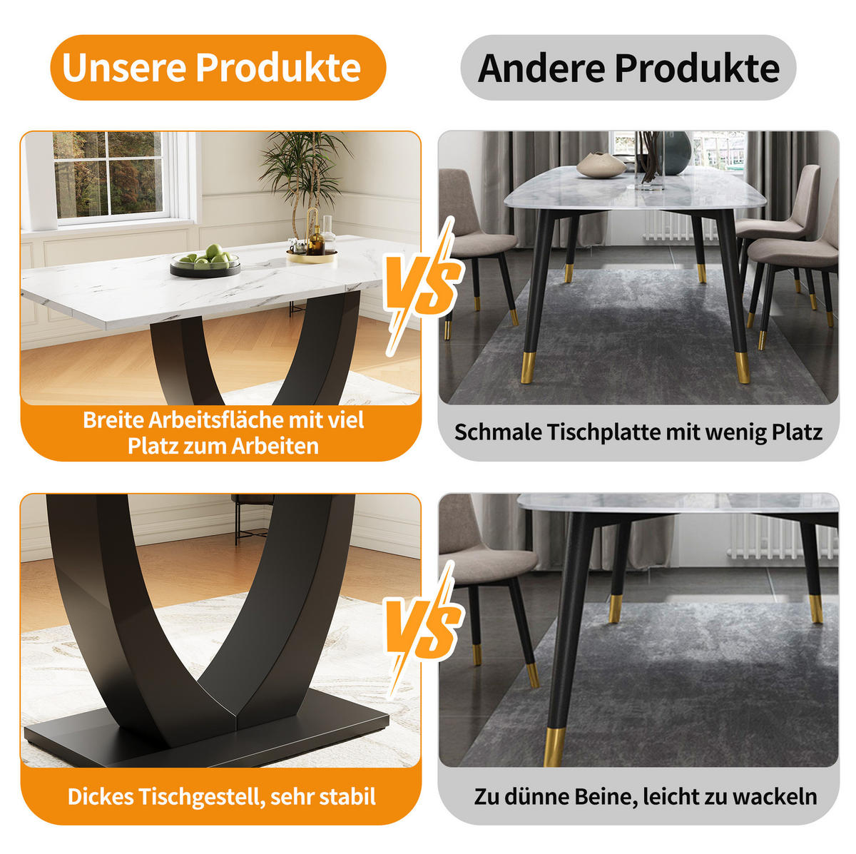 ESSTISCH 140/75/75,5 cm mit MDF-Tischplatte, verstellbaren Füßen und Marmormuster, Weiß/Schwarz - Weiß, Holzwerkstoff (140/75/75.5cm) - Redom