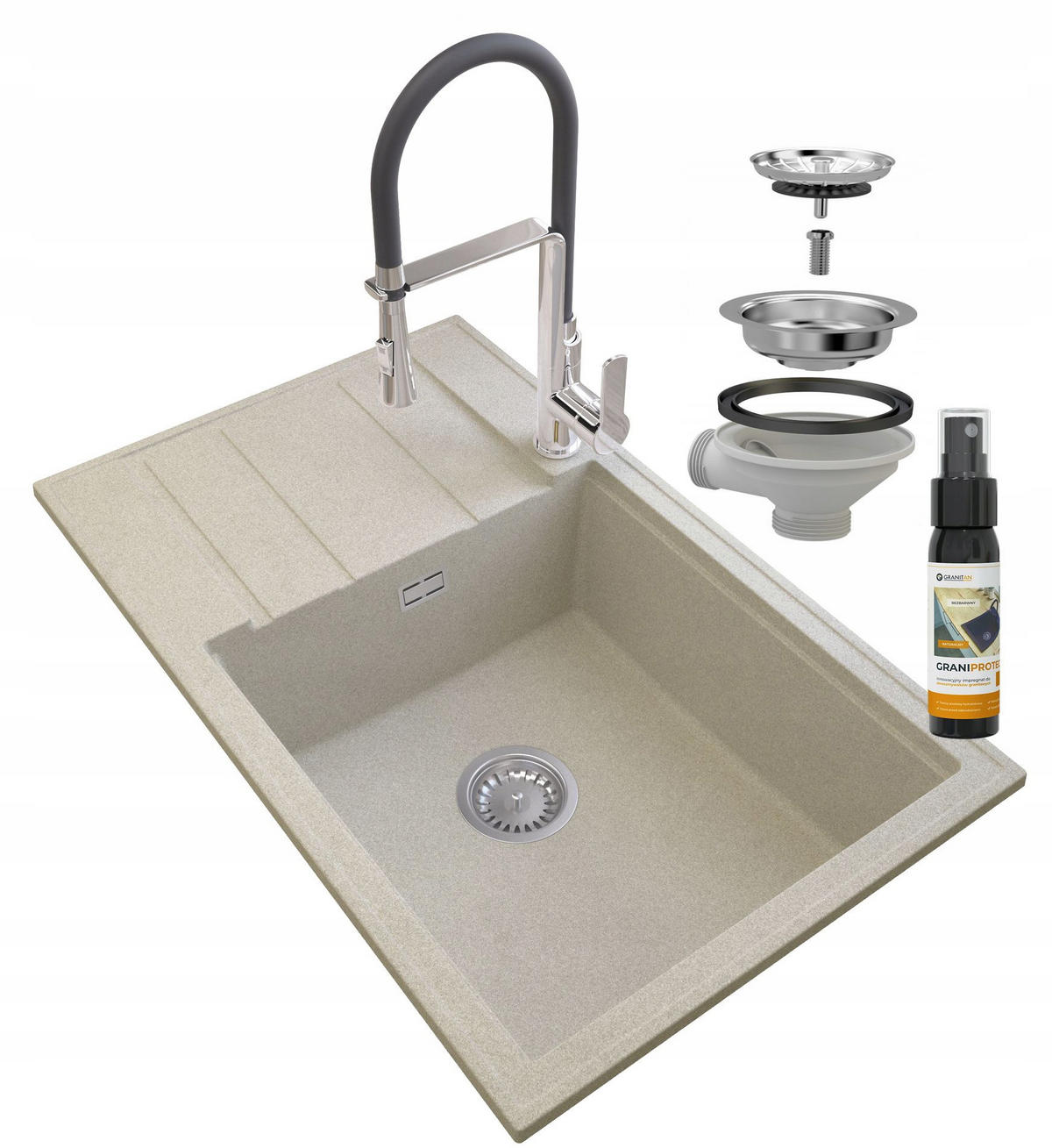 GRANITSPÜLE Louis mit Siphon Batterie - Beige, Kunststoff/Stein (80/50/20cm) - Granitan