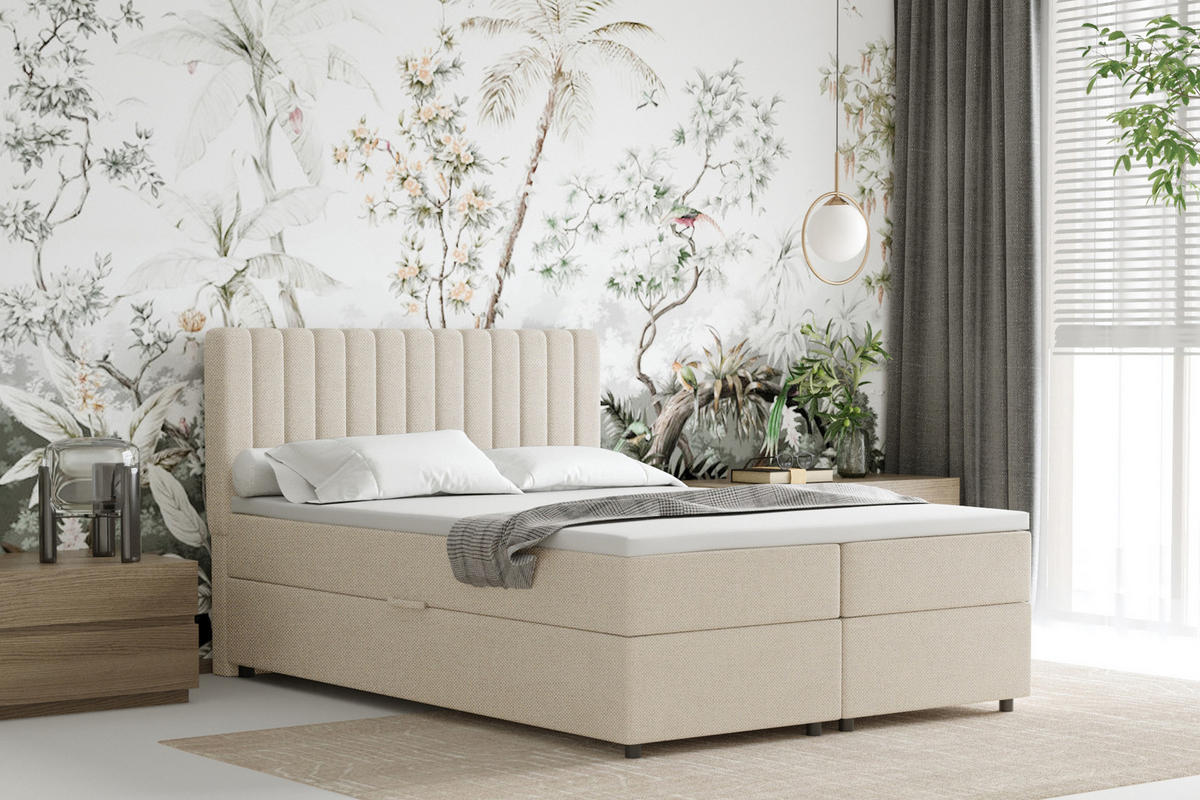 BOXBETT Everest beige 140 x 200 cm Doppelbett mit hochwertiger Bonell-Matratze und Topper - Creme, Holz (140/200cm) - Panda Möbel