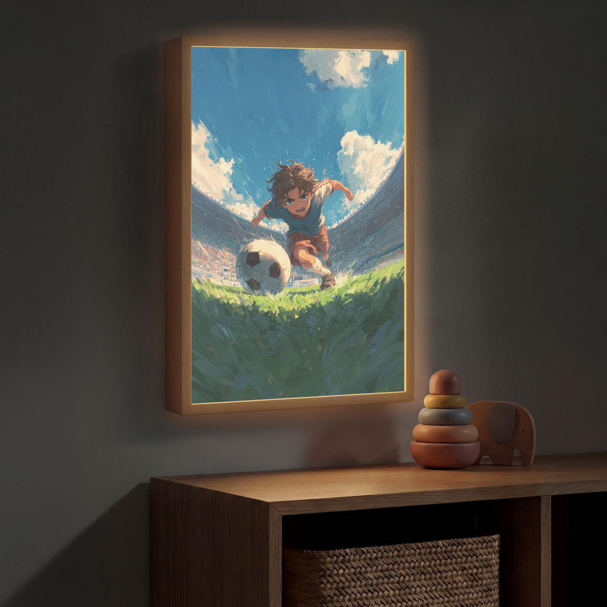 NACHTTISCHLAMPE MIT AKKU Stadion - Fußballer - Ball 40x60 cm - Blau, Holzwerkstoff (8/40/60cm) - OnlyWow