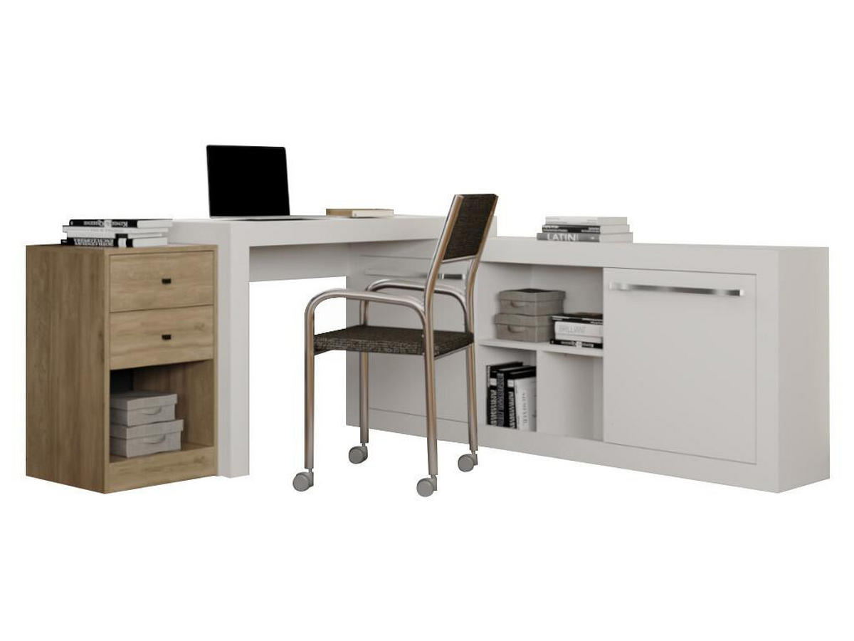 ECKSCHREIBTISCH mit 2 Schubladen & 2 Türen - Weiß & Eichefarben - EVAN - Naturfarben, Holz (159.9/175.5/75.3cm) - Vente-Unique