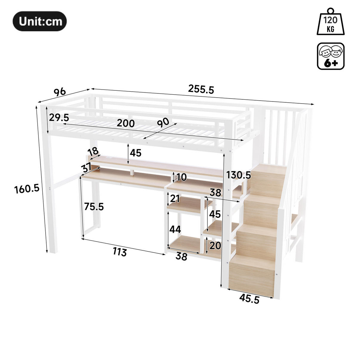 HOCHBETT Metall & MDF 90x200 cm Weiß mit Leiterschrank, Ablagefach, LED sowie USB + Typ-C - Weiß, Holzwerkstoff (90/200cm) - Modfu