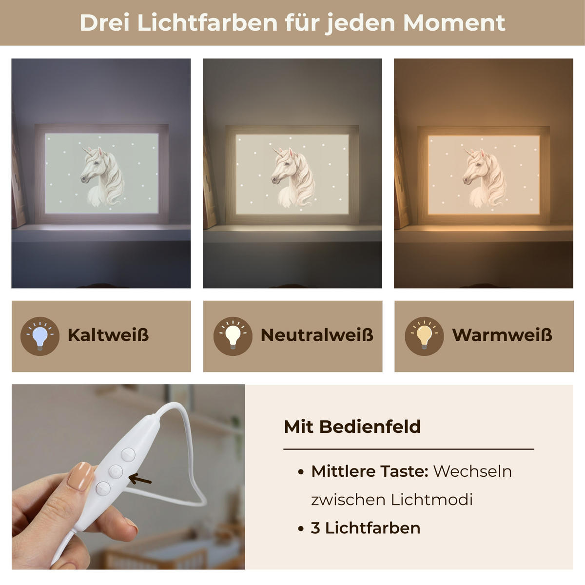 NACHTTISCHLAMPE Einhorn - Weiß - Punkte 20x15 cm - Taupe, Holzwerkstoff (8/20/15cm)