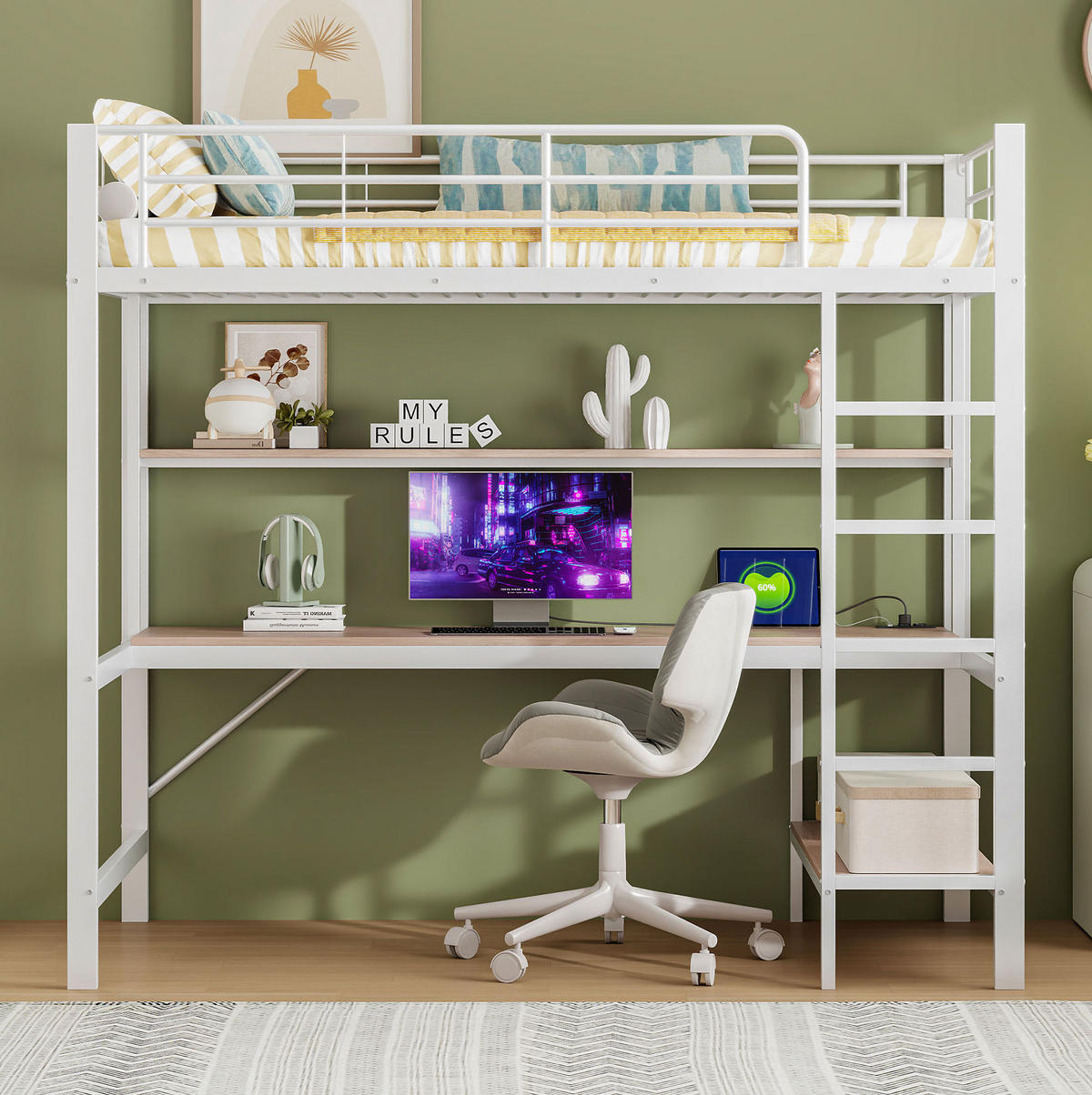 HOCHBETT 90/200 cm mit Schreibtisch, Regal, LED, USB und Steckdose, Metall/MDF, Weiß - Weiß, Metall (90/200cm) - Redom
