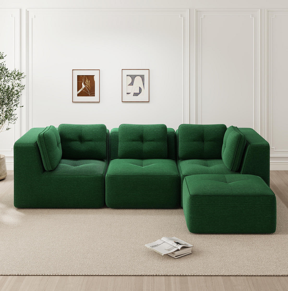 ECKSOFA 297/177/69 cm grün aus Cord ohne Montage modular mit Ottomane - Grün, Textil (177/297cm) - OKWISH