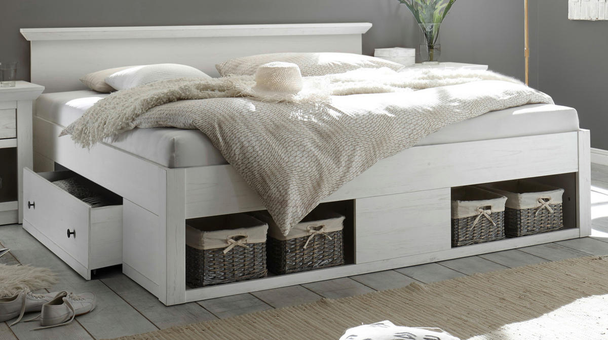 BETT Pinie weiß Liegefläche 180 x 200 cm, Stauraumbett mit Bettschubkasten - Schwarz/Weiß, Holzwerkstoff/Kunststoff (180/200cm) - Furn.Design