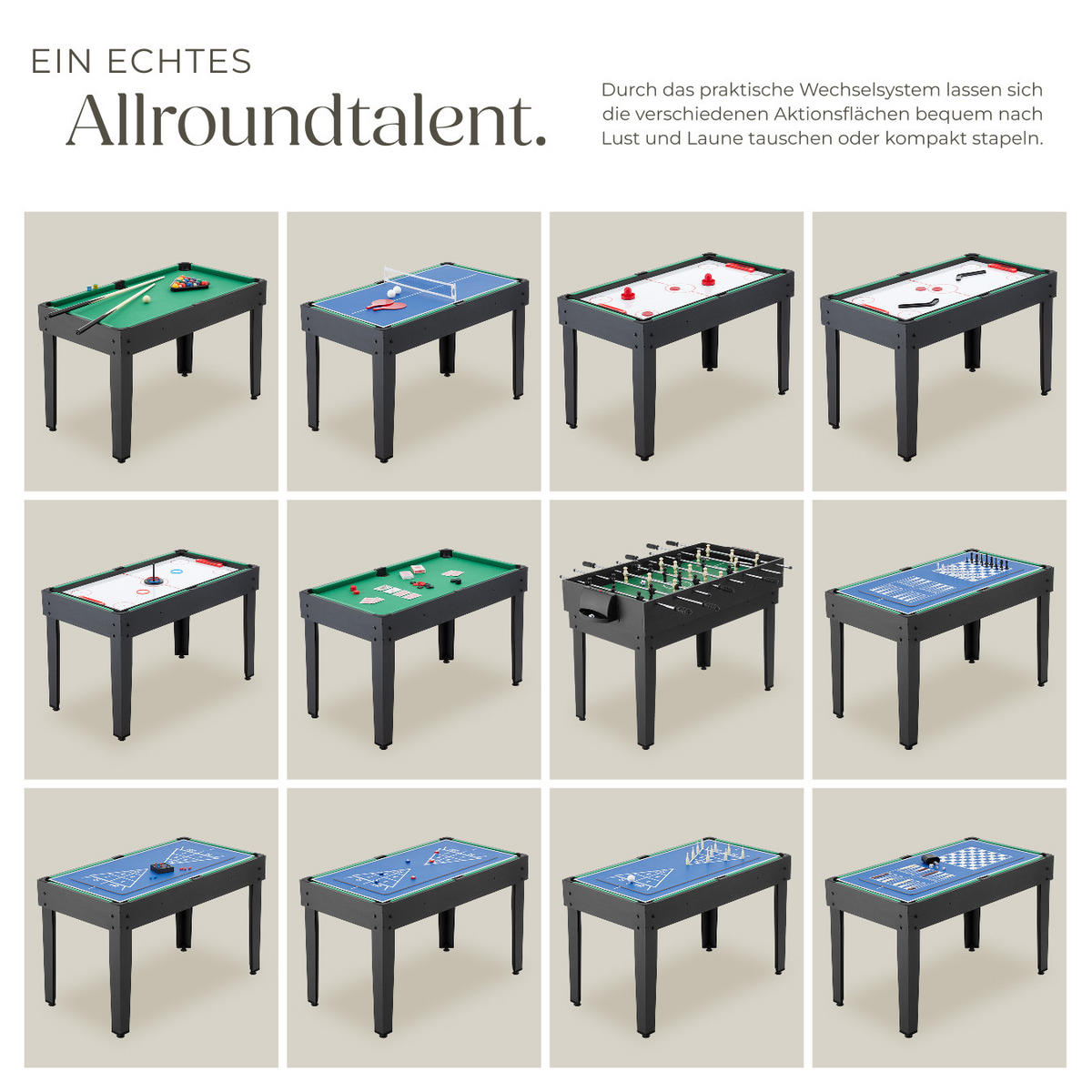 MULTIFUNKTIONALER SPIELTISCH Sirgamealot,125 x 123 x 83 cm,schwarz/grün - Schwarz/Grün, Holz (125/123cm) - tectake