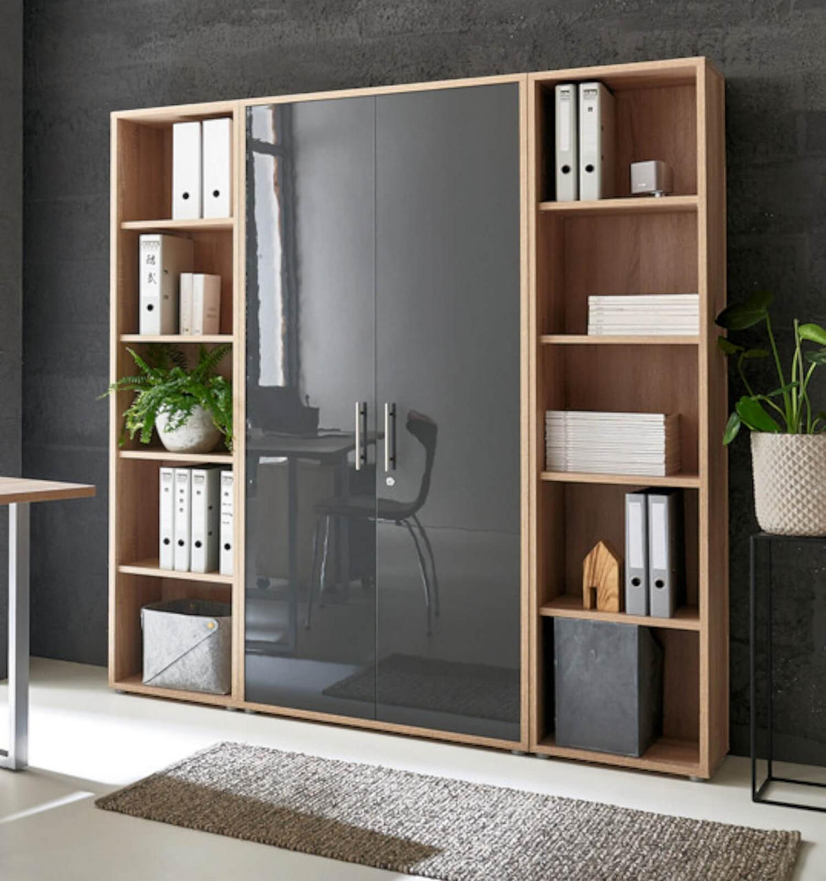 BÜROMÖBELSET 3-tlg. Sonoma Eiche / anthrazit Hochglanz - Eichefarben/Anthrazit, Holz/Metall (172/185/33cm)