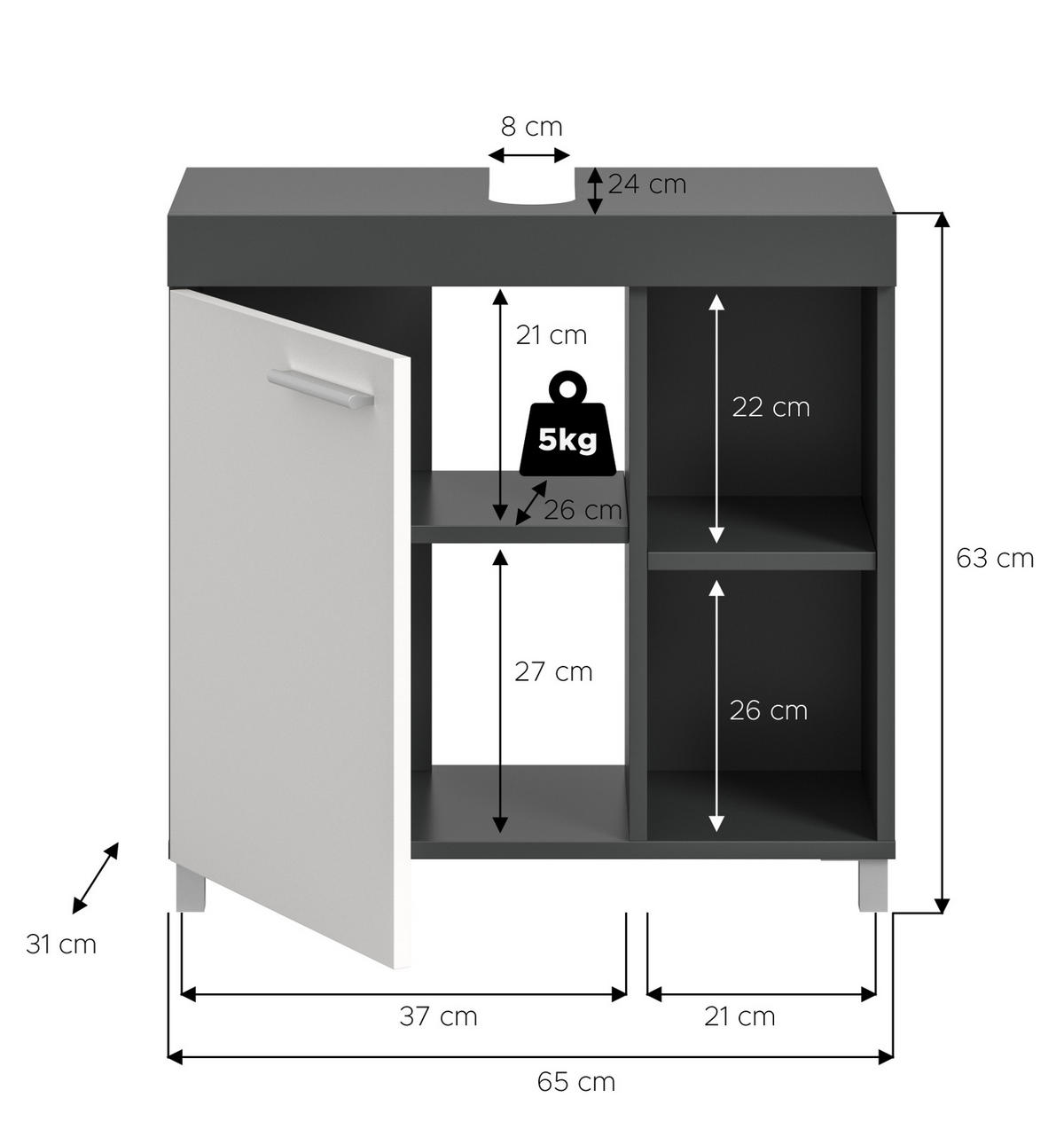 WASCHBECKENUNTERSCHRANK grau, weiß 65 cm, Unterschrank 1-türig - Silberfarben/Weiß, Holzwerkstoff/Kunststoff (65/63/31cm) - Inn.Furn
