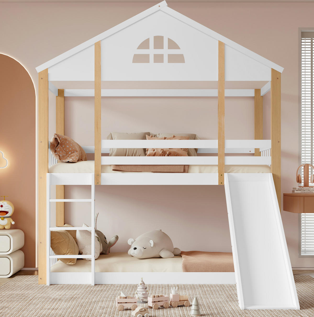 HAUSBETT 90/200 cm mit Rutsche und Hausdesign in Weiß/Natur - Weiß, Holz (90/200cm) - BEAOK
