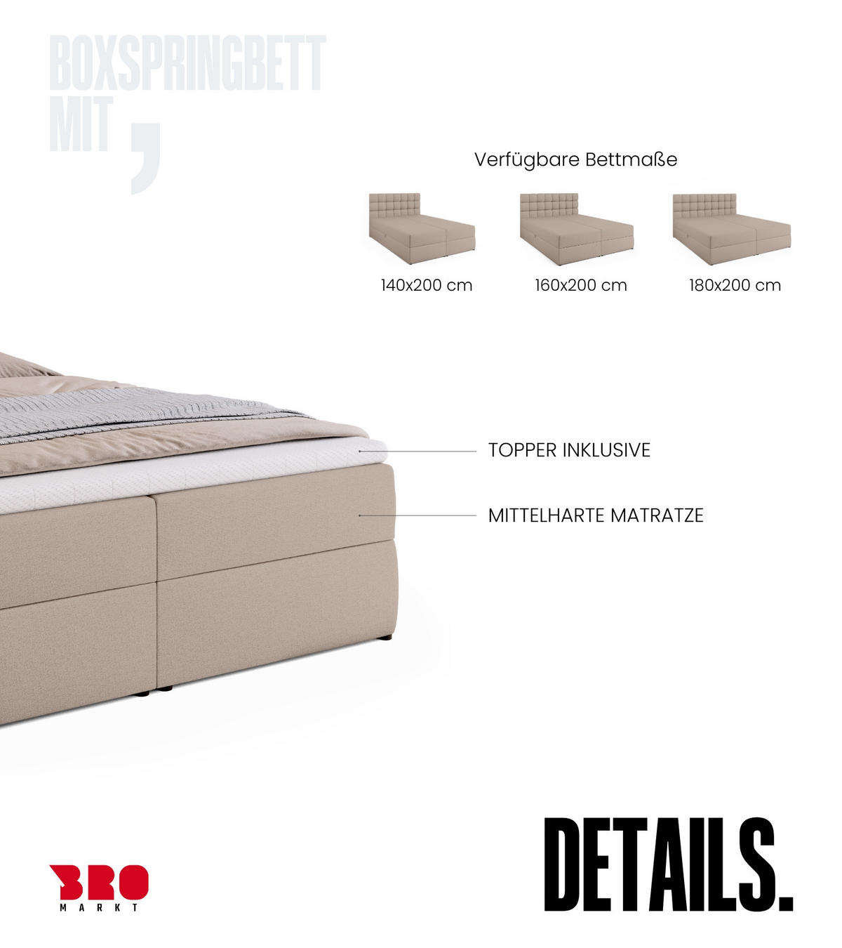 BOXBETT Dakota mit Topper 160/200 Beige - Beige, Textil (160/200cm) - Bromarkt