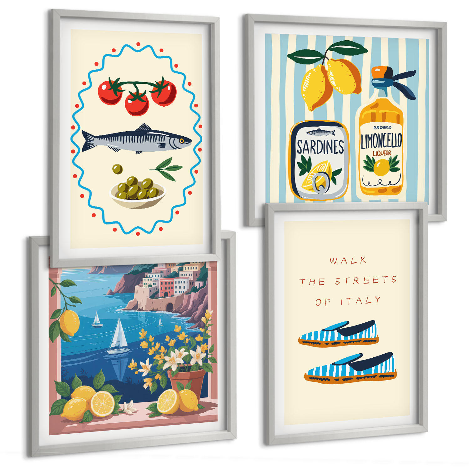 BILDER SET 4er Set - 50x50 cm & 40x60 cm Silberner Rahmen - Italienische Aromen, farbenfrohe Bilder - Silberfarben, Kunststoff (50/50cm) - TULUP