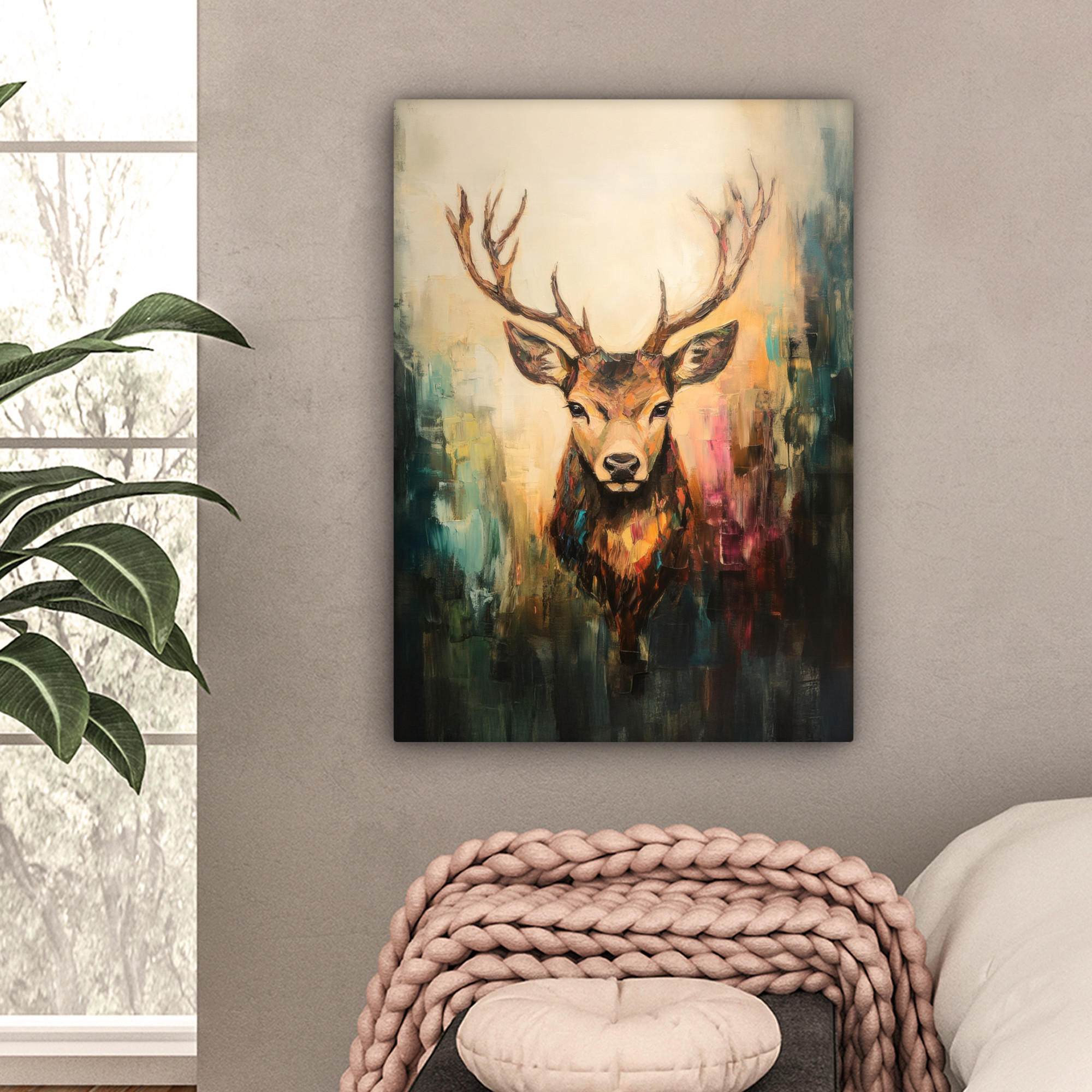 LEINWANDBILD Hirsch - Gemalt - Geweih - Braun 60x80 cm - Haselnussfarben, Textil (60/80cm) - MuchoWow