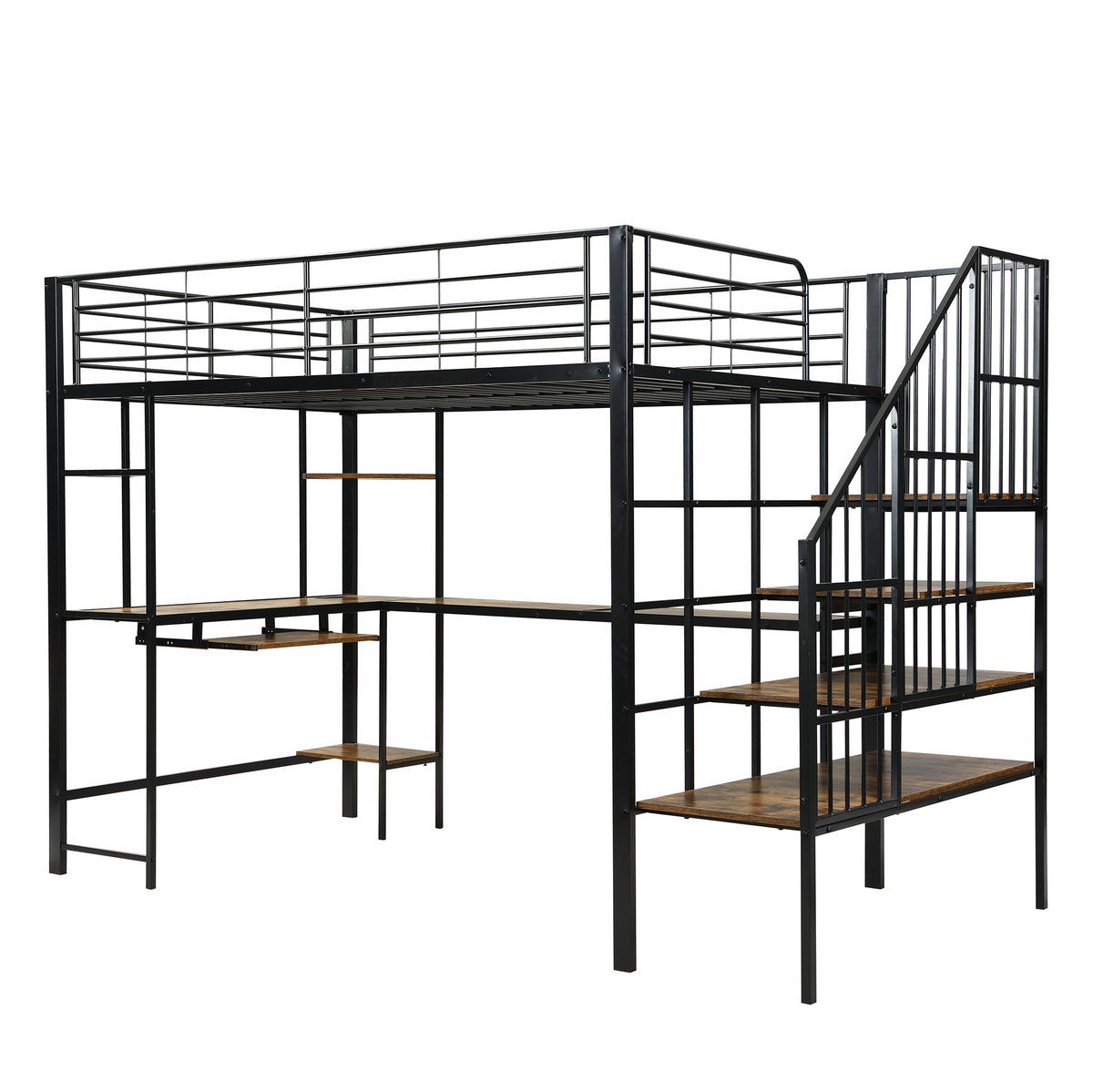 HOCHBETT 120x200 cm in Schwarz/Dunkelnussbaum mit Schreibtisch, Ecktreppe und Ladeanschluss - Schwarz, Metall (120/200cm) - IVMEU