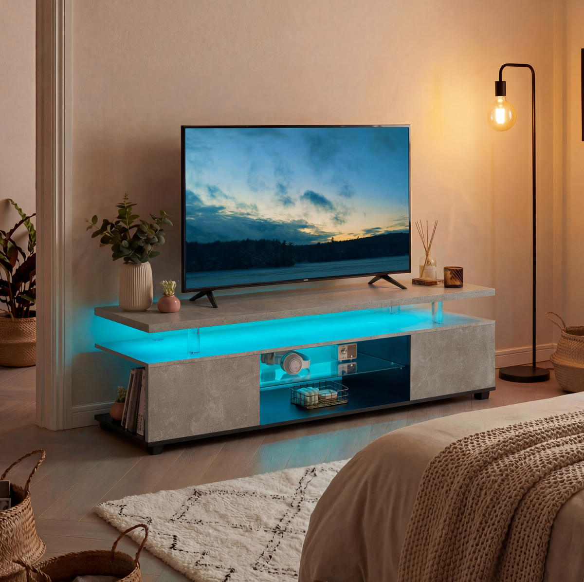 TV-LOWBOARD mit LED-Beleuchtung, 3 Schrankfächern und offenem Ablagefach, Grau/Schwarz - Schwarz, Holzwerkstoff (130/48/40cm) - Redom